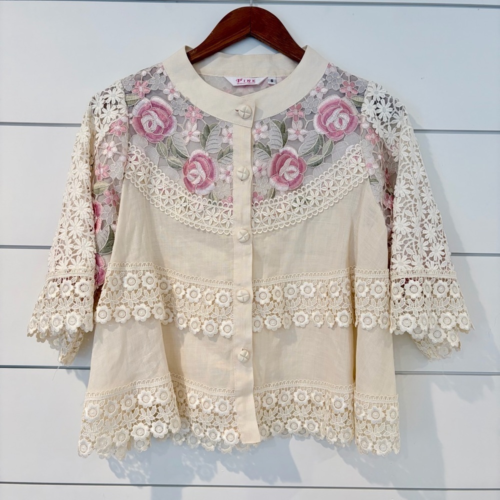 Vintage Lace Floral Blouse Fairycore Romantic Sheer Pink Roses S Coquette